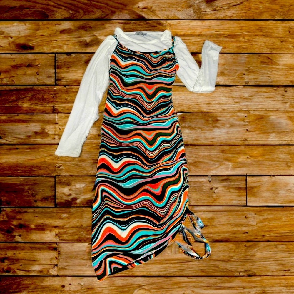 Y2K Swirl Print Ruched Midi Dress Asymmetrical Hem Retro - Picture 2 of 7